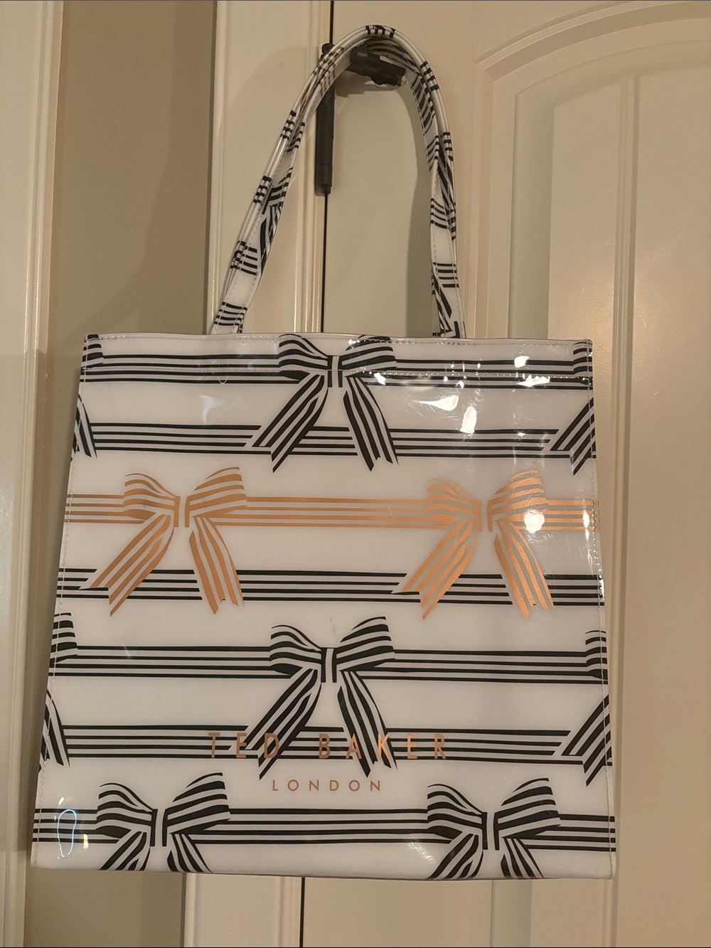 TED BAKER- White Hard Plastic Tote with Black Stripes and Gold Bow Accents